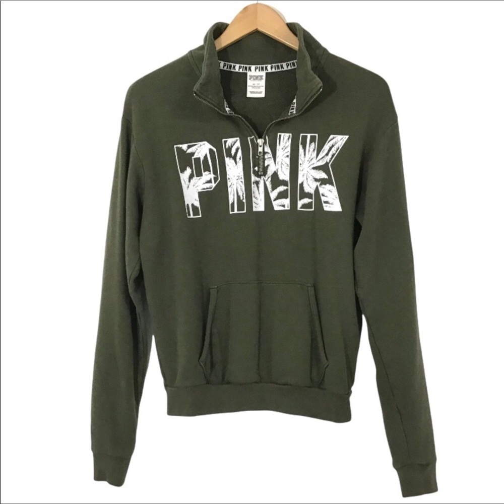 PINK Victorias Secret Sweatshirt Womens XS Palm Trees Logo Quarter Zip Pullover